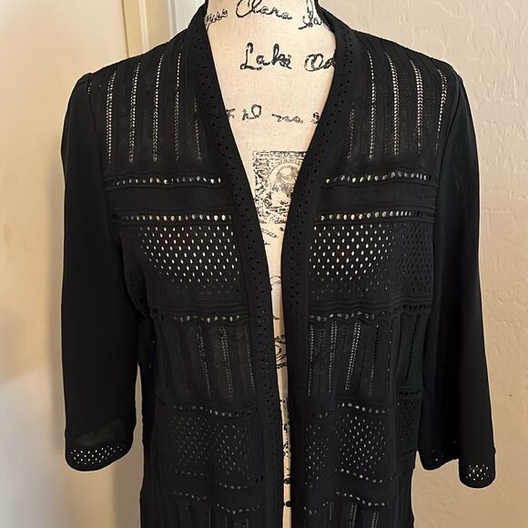 Ming Wang Black Semi Sheer Mesh Open Cardigan Duster Capsule Wardrobe Modern - Picture 4 of 8